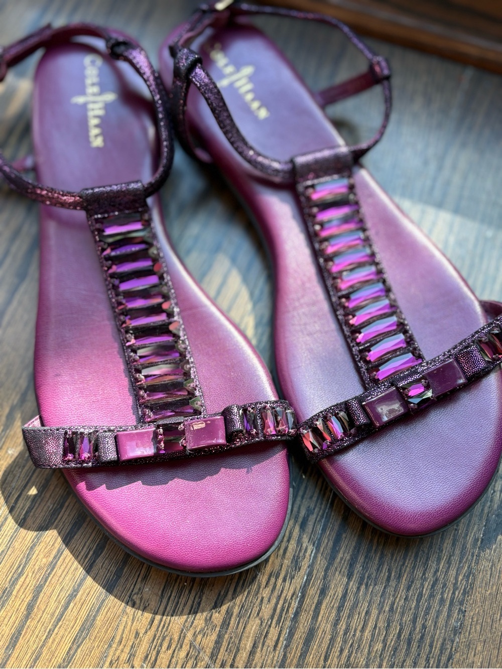 Cole Haan Nike Air Jeweled T-Strap Sandals Plum Purple Metallic Size 6.5B